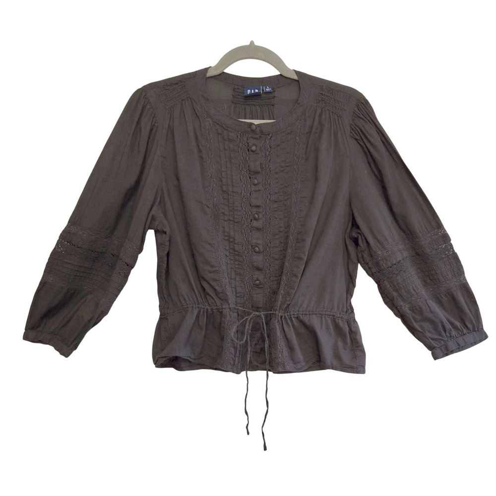 Gap Brown Lace Prairie Pintuck Peasant Blouse Button Front Drawstring Waist L